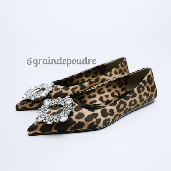 Rare! Zara Leopard Satin Rhinestone Jewel Front Pointy Ballet Flats 37 6.5 - Picture 2 of 6